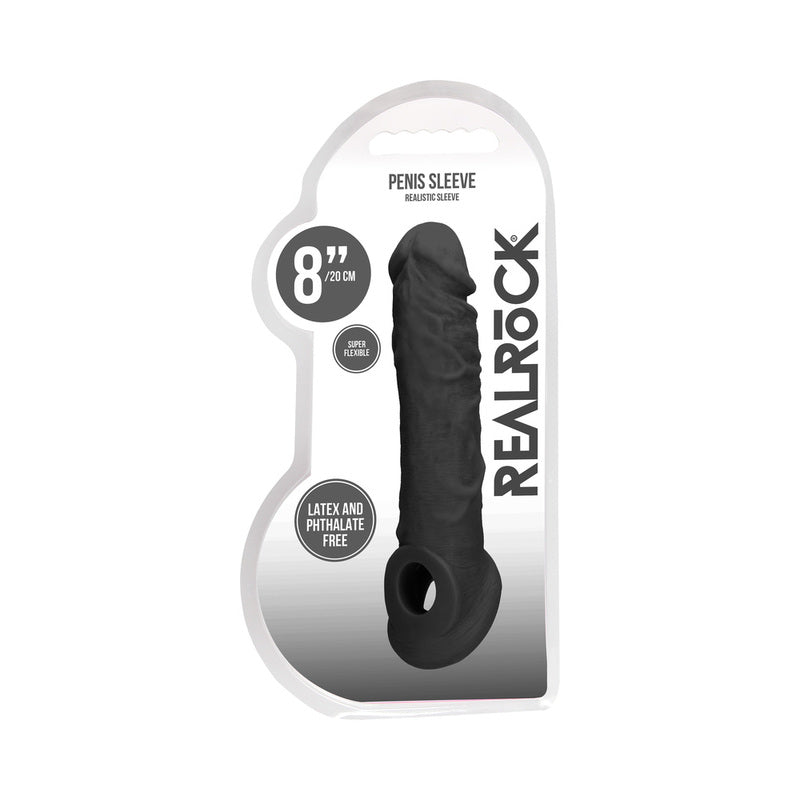 RealRock Skin 8 in. Penis Extender Sling Black black RealRock Skin 8-inch extender sleeve in white contour packaging