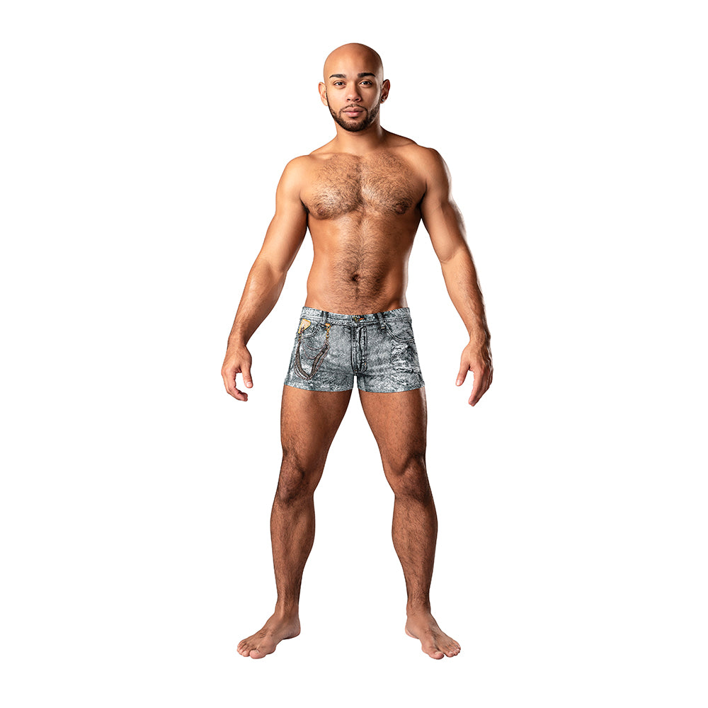 Male Power Dirty Denim Pouch Short Denim Print XL model wearing gray Dirty Denim print XL pouch short with faux pockets