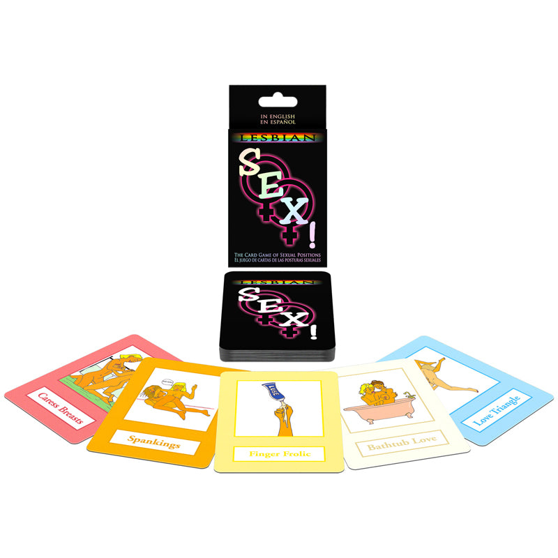 Lesbian Sex Card Game Kheper Games Lesbian Sex black card box with color-coded illustrated cards spread in front