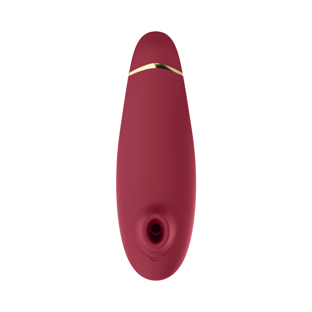 Womanizer Premium 2 Rechargeable Silicone Luxurious Pleasure Air Clitoral Stimulator Bordeaux Front view of Bordeaux Womanizer Premium 2 with circular air opening