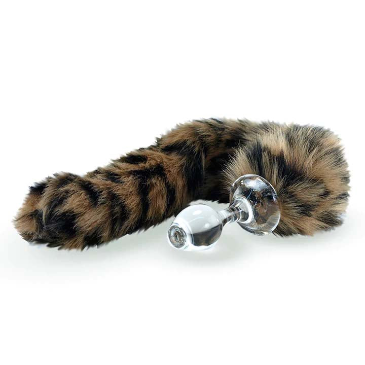 Crystal Delights Minx Faux Fur Tail Plug Leopard clear glass plug attached to long leopard-pattern faux-fur tail