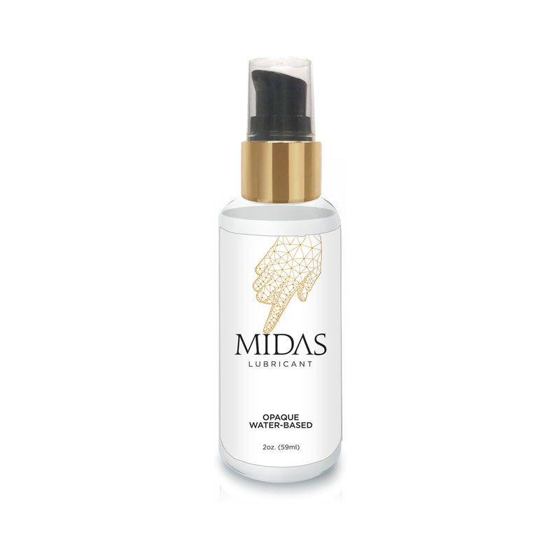 Midas Opaque Water-Based Lubricant 2 oz. clear 2 oz Midas lubricant bottle with gold collar black pump and white label