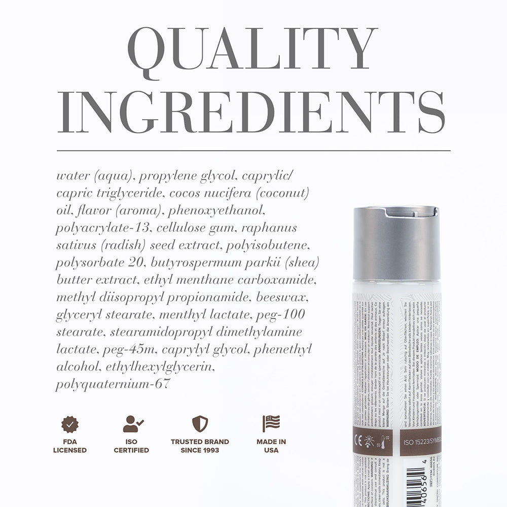 JO Coconut Hybrid Original Lubricant 4 oz. System JO Coconut Hybrid Original 4 oz ingredients panel with bottle rear
