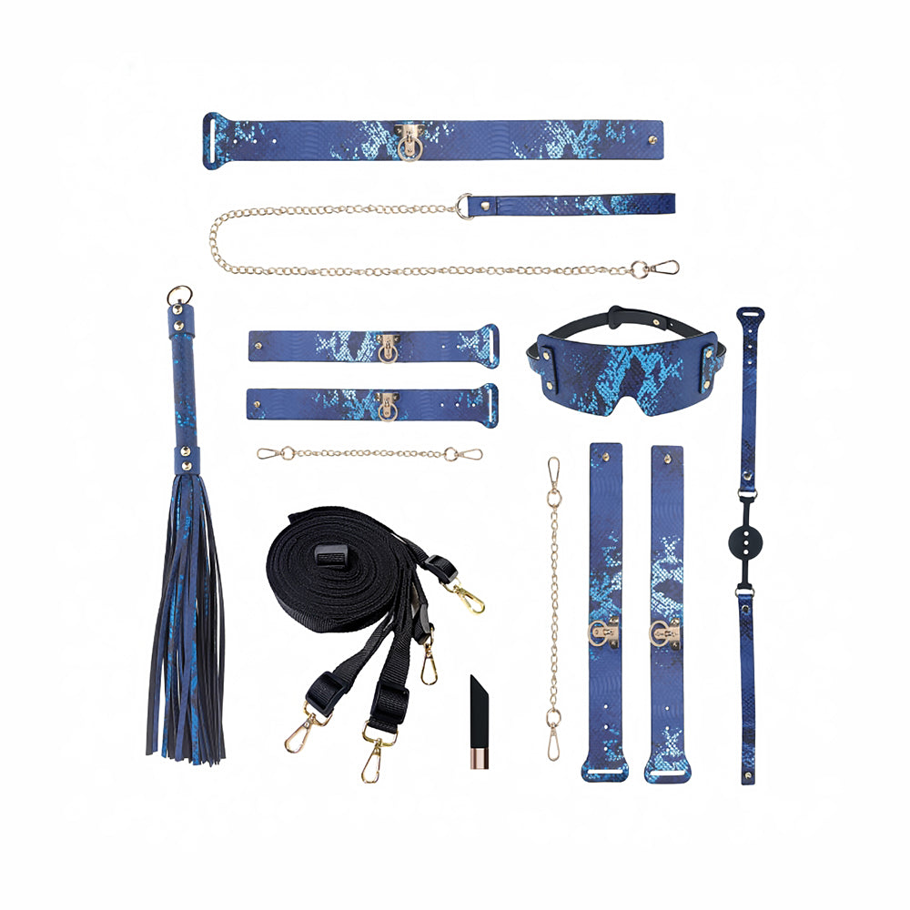 Ouch! International Florence Collection Kit with Bag Blue blue and black snakeskin Florence restraint pieces arranged together
