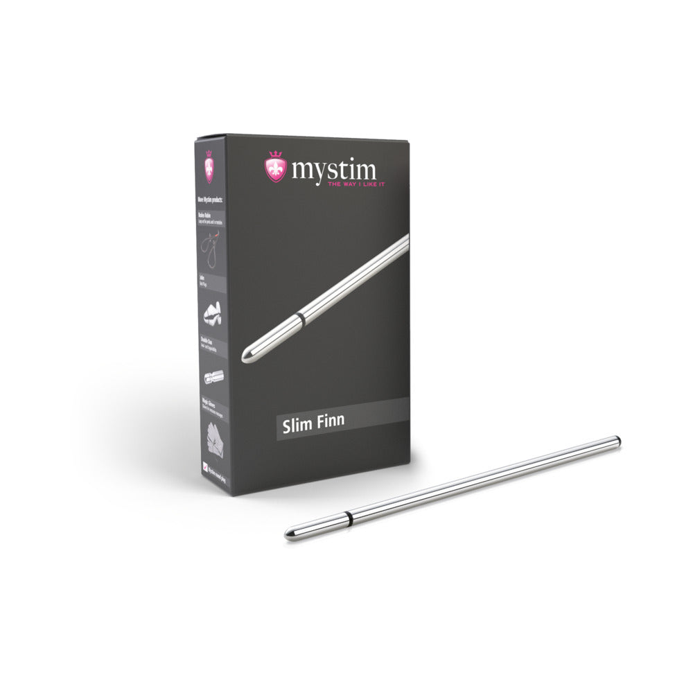 Mystim Slim Finn Urethral Sound Mystim Slim Finn silver urethral sound straight metal rod beside black retail box