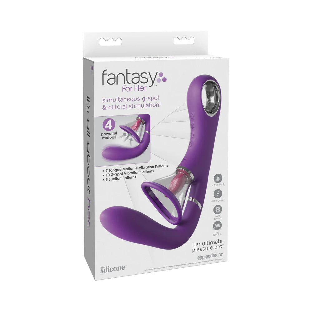 Fantasy For Her Her Ultimate Pleasure Pro Rechargeable Silicone Flicking Suction Dual Stimulator Ultimate Pleasure Pro purple dual stimulator retail box