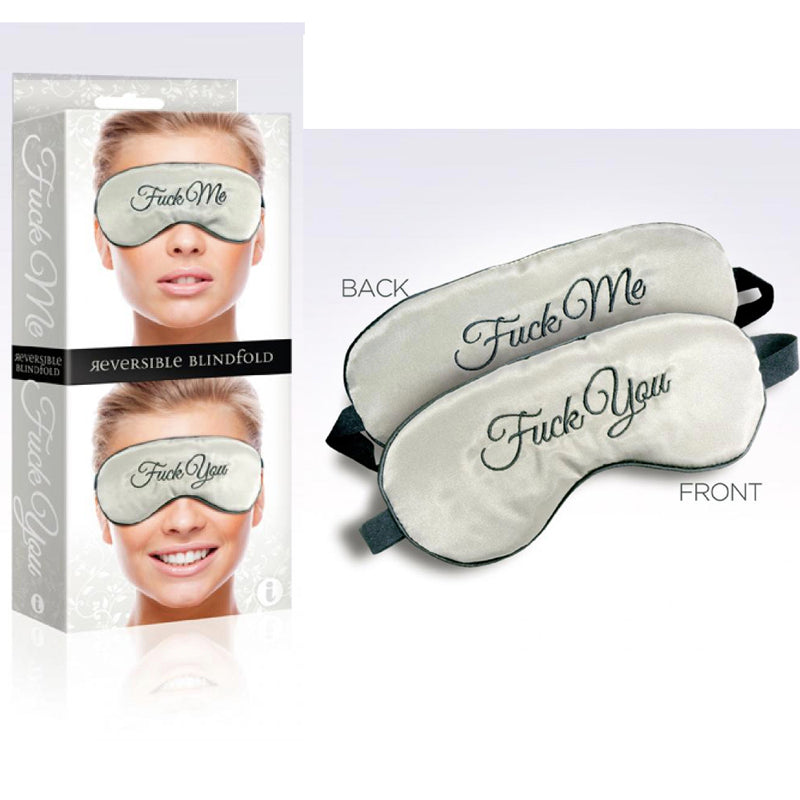 The 9''s Fuck Me/Fuck You Mask Icon Brands Reversible Silk Eye Mask retail box beside front and back script views