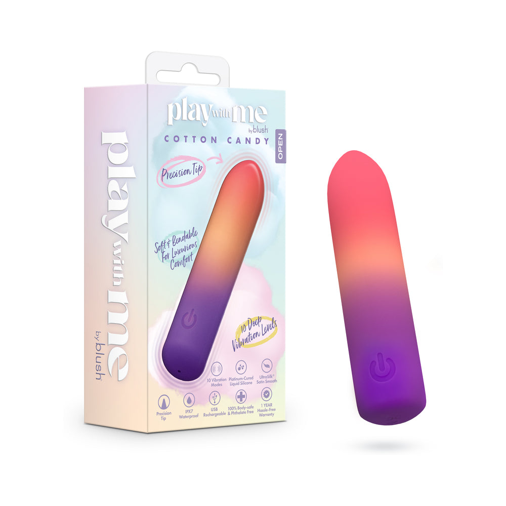 Play With Me Cotton Candy Pink-to-purple Play With Me Cotton Candy vibrator beside box