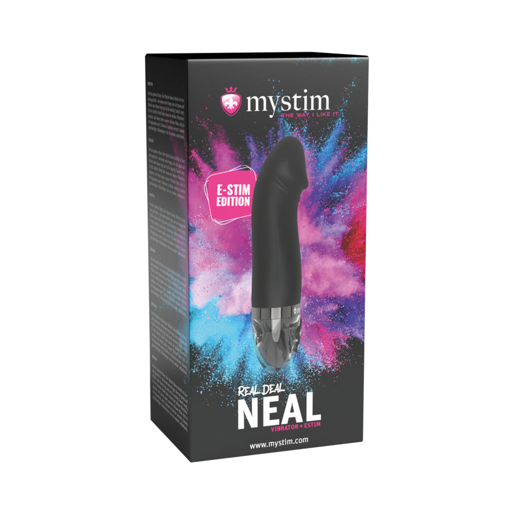 Mystim Real Deal Neal black vibrator with tapered curved shaft on galaxy-print box