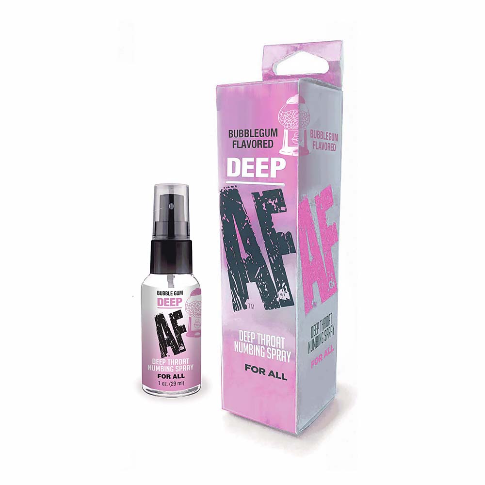 Deep AF Numbing Deep Throat Spray Bubblegum 1 oz. Deep AF Bubblegum 1 oz pump spray bottle beside pink and purple carton