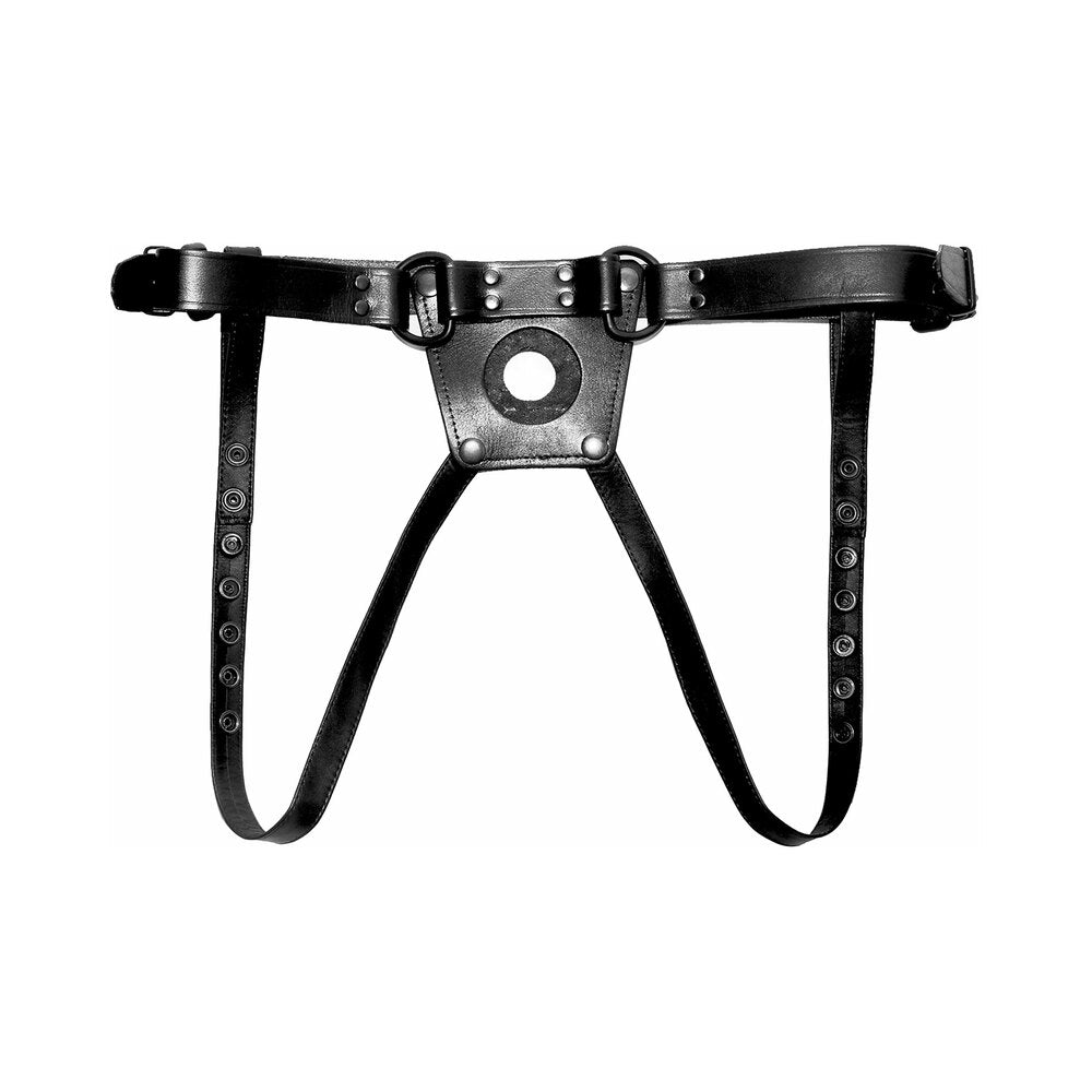 Prowler RED Leather Dong Harness L Large Prowler RED black leather dong harness laid flat with ring panel and leg straps