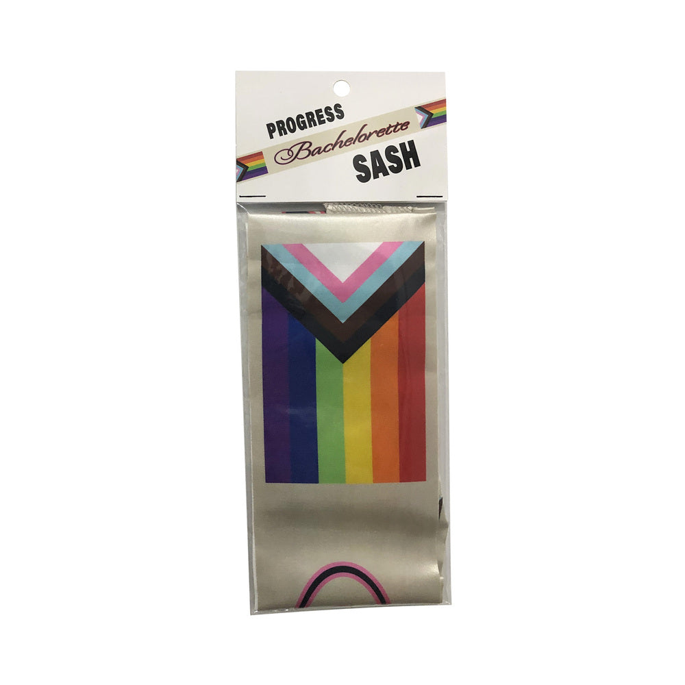 Progress Bachelorette Sash Progress Bachelorette rainbow sash with chevrons folded inside clear retail sleeve