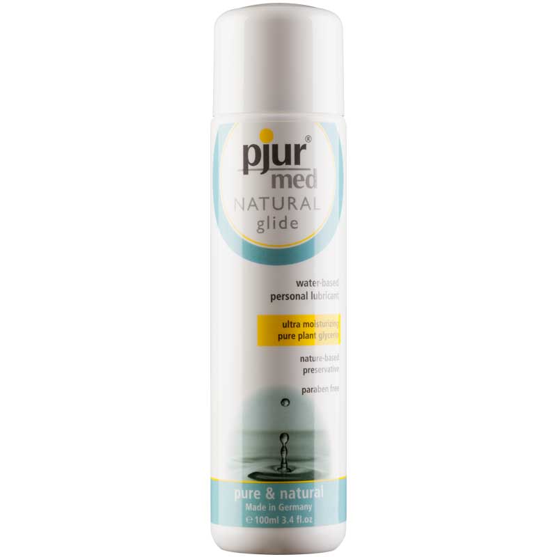 Pjur Med Natural Glide 100ml. White 100 ml pjur med Natural Glide bottle with aqua and yellow label accents
