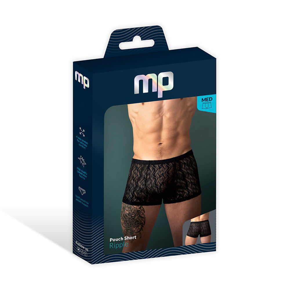 Male Power Ripple Pouch Short Black L Male Power Ripple Pouch Short in black size L displayed in a navy window retail box