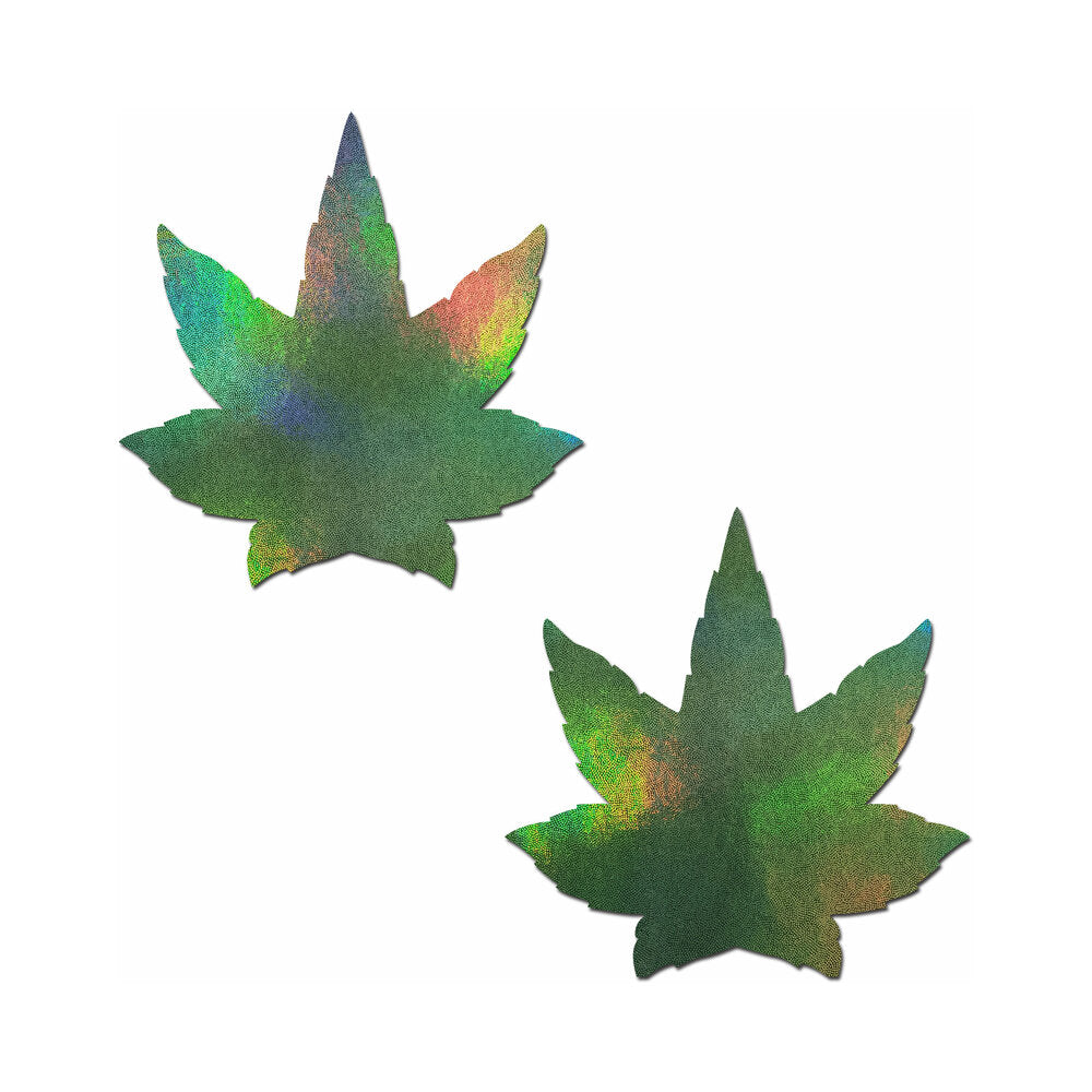 Pastease Indica Pot Leaf: Green Holographic Weed Pasties Pastease pair of green holographic seven-point Indica leaf vinyl pasties