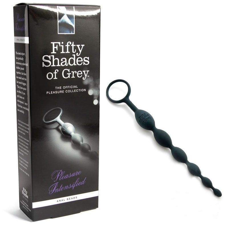 Fifty Shades of Grey Pleasure Intensified Silicone Anal Beads Black Fifty Shades Pleasure Intensified black graduated bead strand beside tall black box
