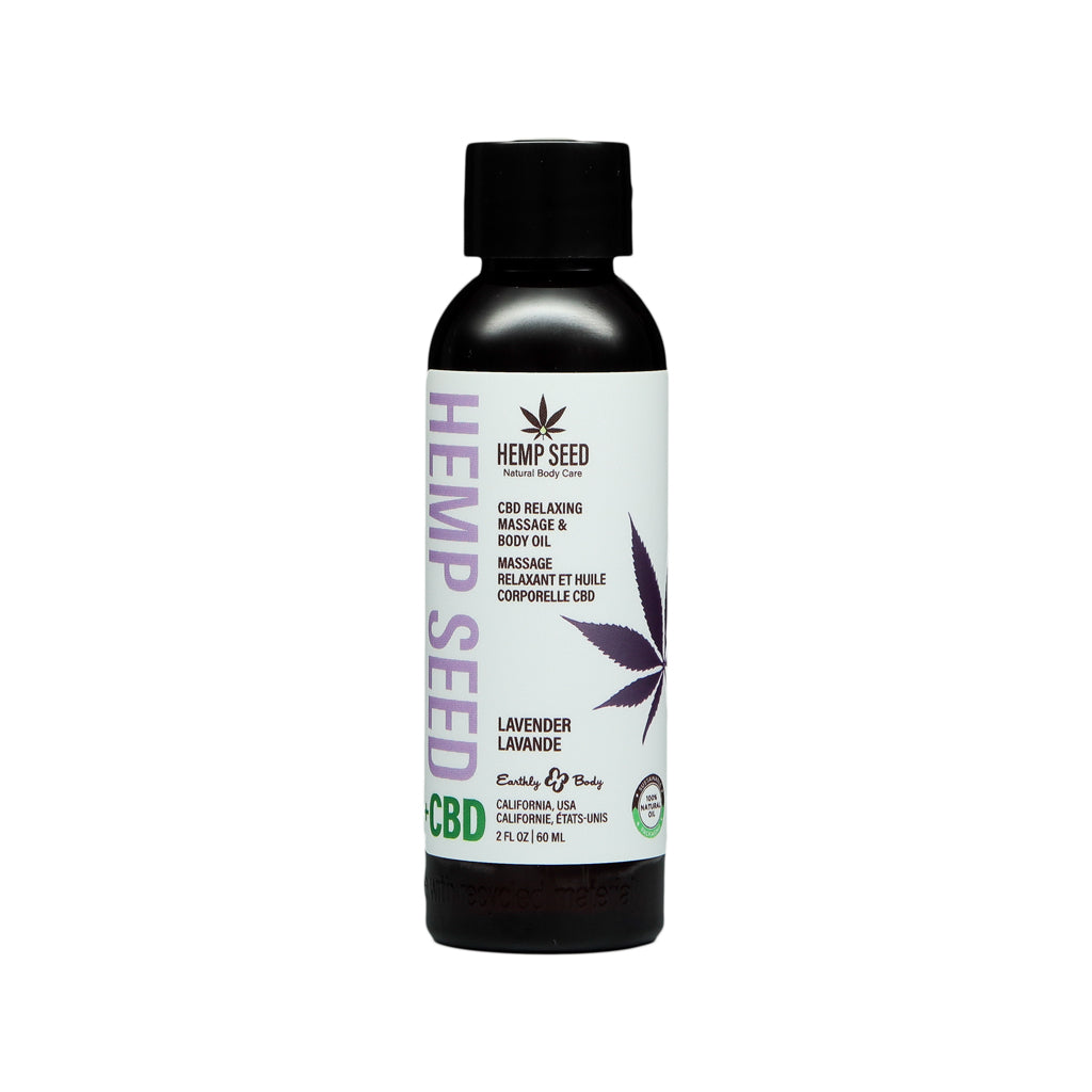 Earthly Body Hemp Seed CBD Relaxing Massage and Body Oil Lavender 2 oz. Front of 2 oz Earthly Body Hemp Seed CBD Lavender oil bottle