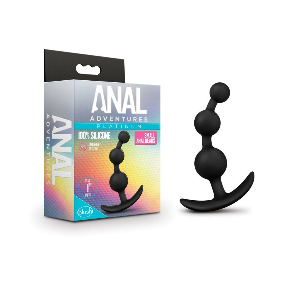 Anal Adventures Platinum Silicone Small Anal Beads Plug Black Small Platinum black anal beads beside retail box
