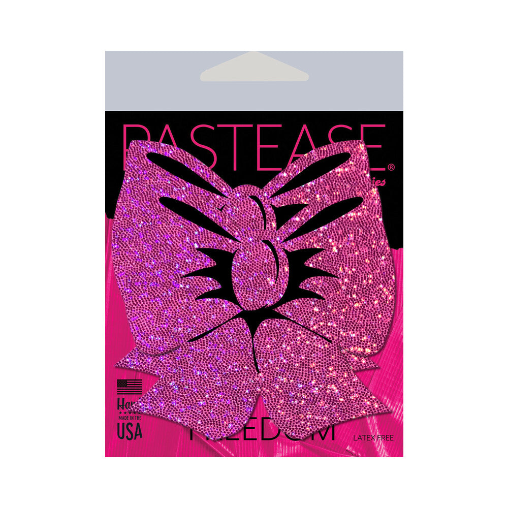 Pastease Bow: Hot Pink Glitter Bows Nipple Pasties Pastease hot-pink glitter bow pasties package
