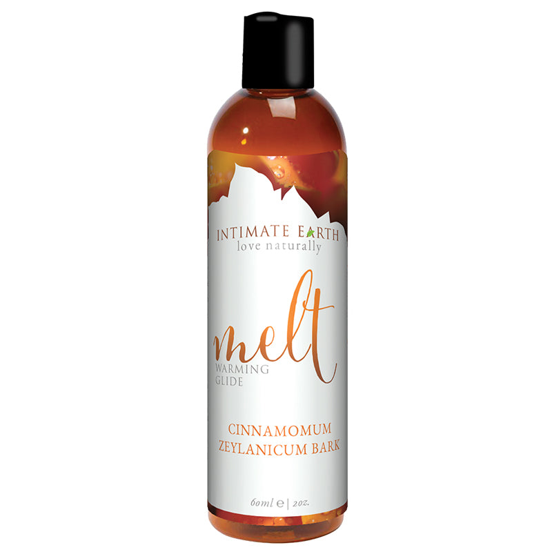 Intimate Earth Melt Warming Glide 60 ml/2 oz Intimate Earth Melt 2 oz Glide slim amber bottle with orange white cinnamon bark label