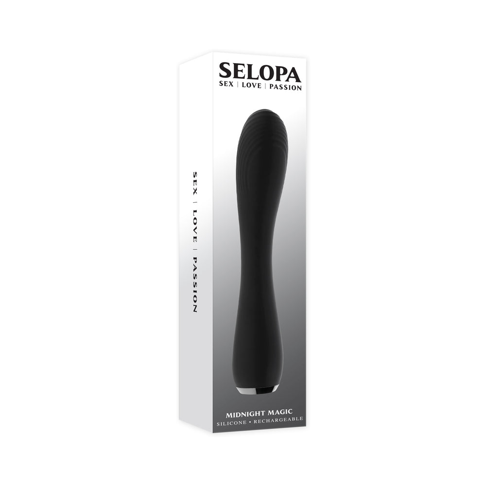 Selopa Midnight Magic Rechargeable Vibrator Silicone Black black Selopa Midnight Magic vibrator pictured on tall white box