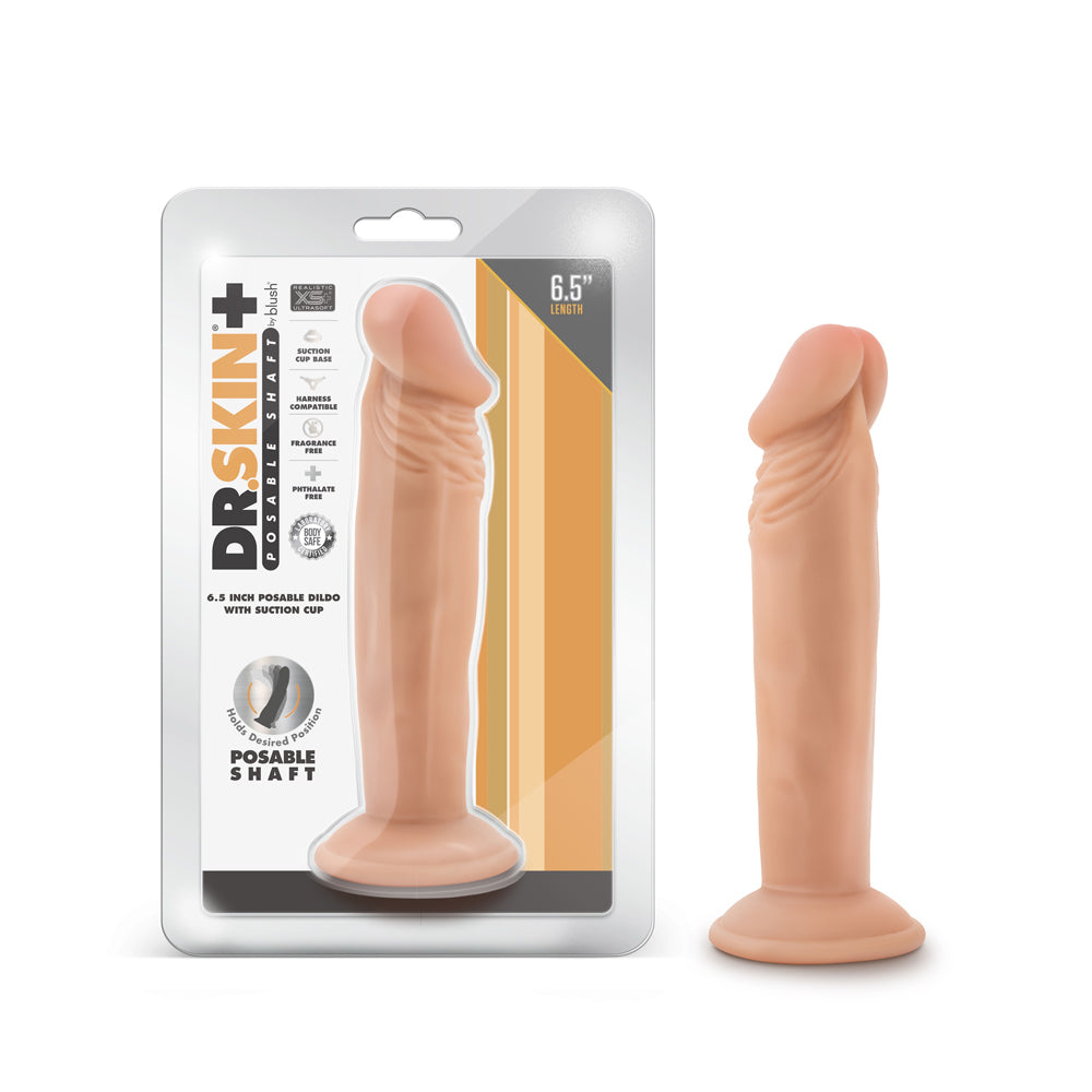 Dr. Skin Plus Realistic 6 in. Triple Density Posable Dildo Beige Beige Dr. Skin Plus 6-inch posable dildo beside retail package