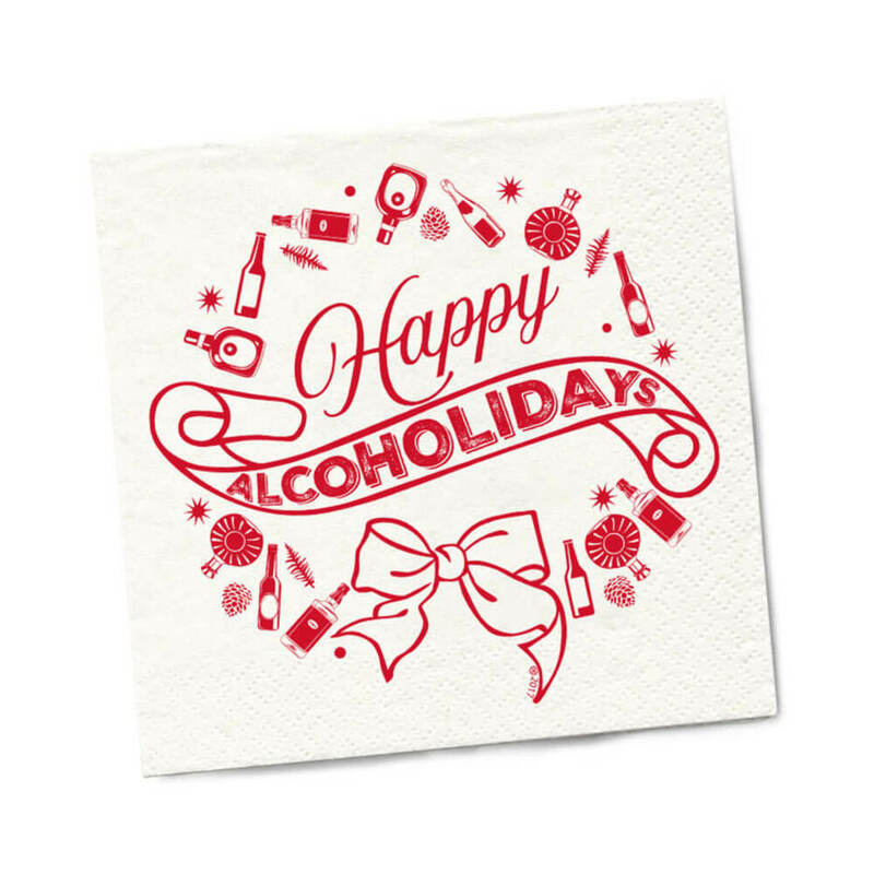 Twisted Wares Happy Alcoholidays Napkins 20-Pack white napkin with red Happy Alcoholidays lettering and ribbon graphic