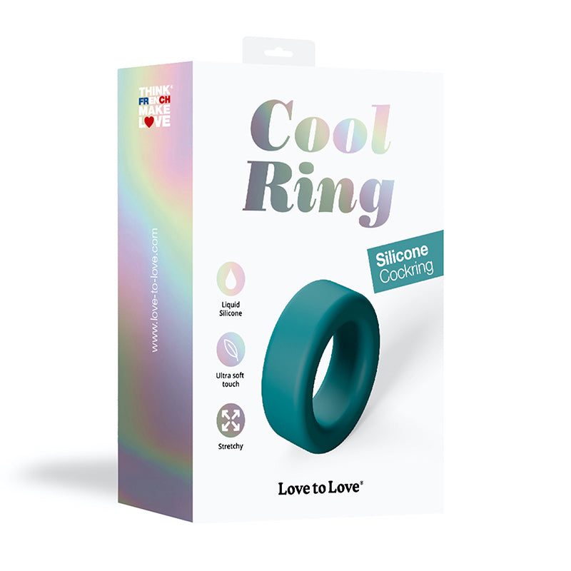 Love to Love Cool Ring Silicone Cockring Petrol Blue Teal Lovely Planet Cool Ring oval silicone C-ring beside retail box