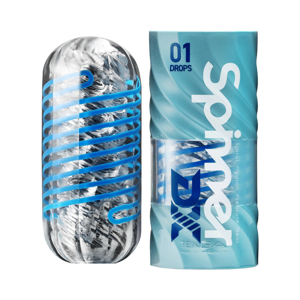 TENGA Spinner DX 01 Drops clear sleeve with blue spiral frame and retail wrap