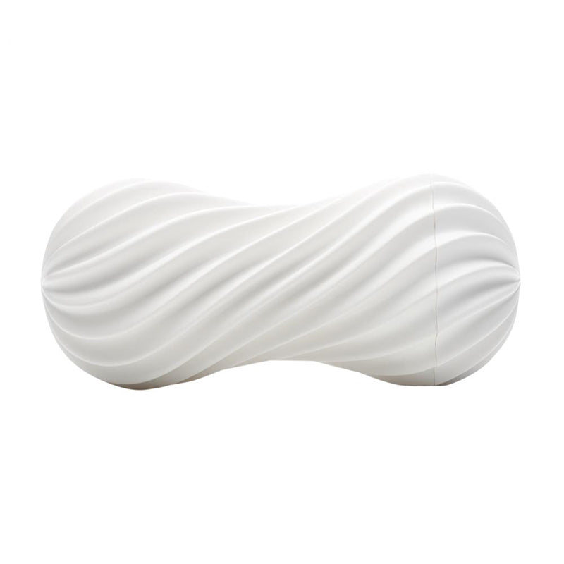 Tenga FLEX Silky White Tenga Flex Silky White stroker horizontal hourglass shape with raised white spiral ribs and rounded ends