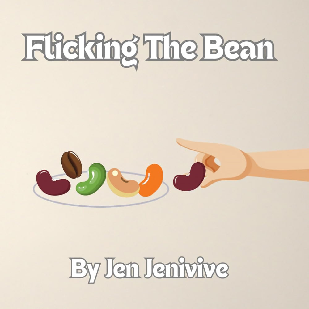 Flicking the Bean Front cover of Flicking the Bean adult humor book with a pointing hand and a row of colorful bean shapes