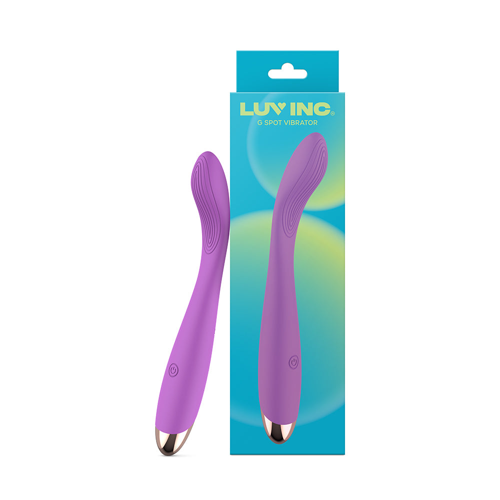 Luv Inc Gv92: G-Spot Vibrator Purple Purple Luv Inc GV92 slim curved vibrator shown front and back beside package