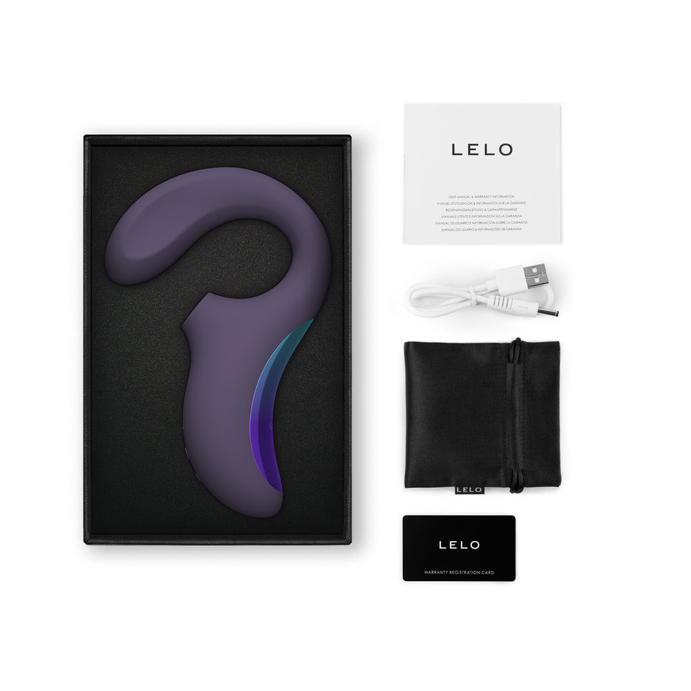 LELO Enigma Wave Suction Dual Stimulator Cyber Purple cyber purple LELO Enigma Wave in open black box with cable and storage pouch