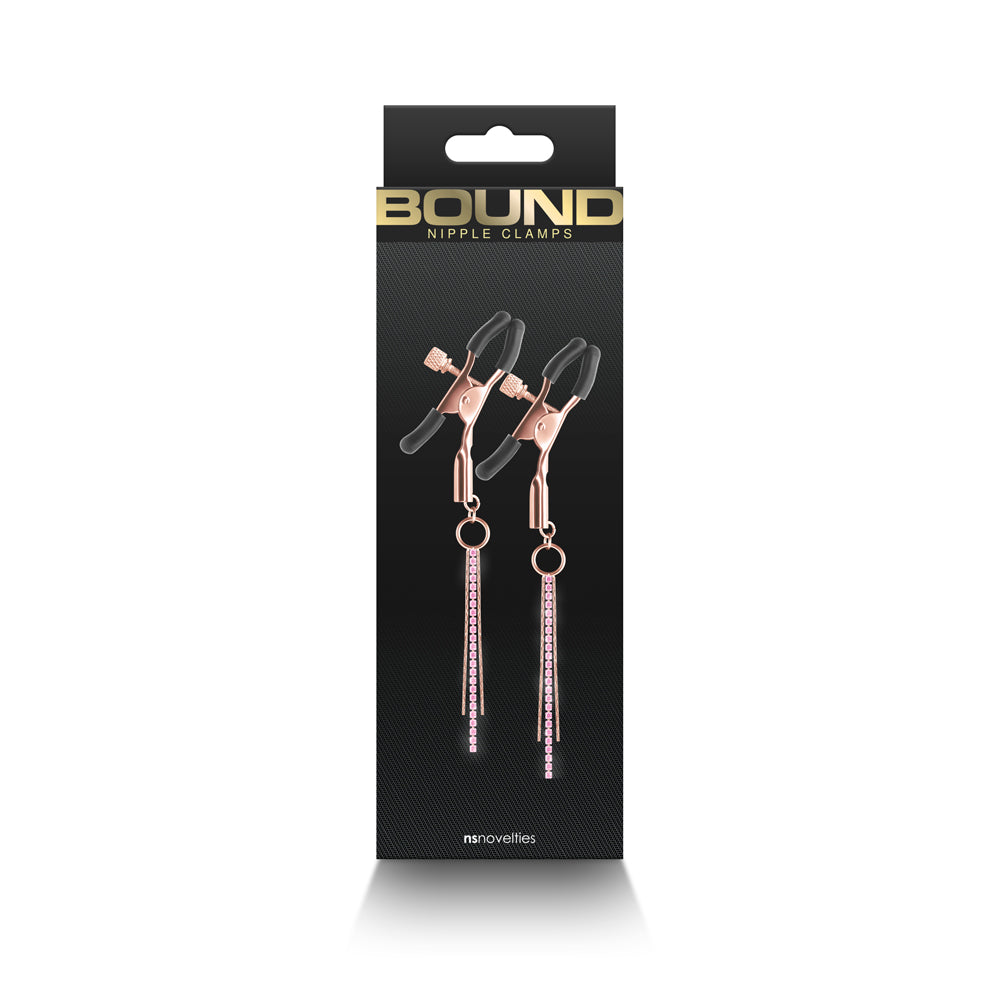 Bound Nipple Clamps D3 Rose Gold NS Novelties Bound D3 rose gold chain nipple clamps front retail package