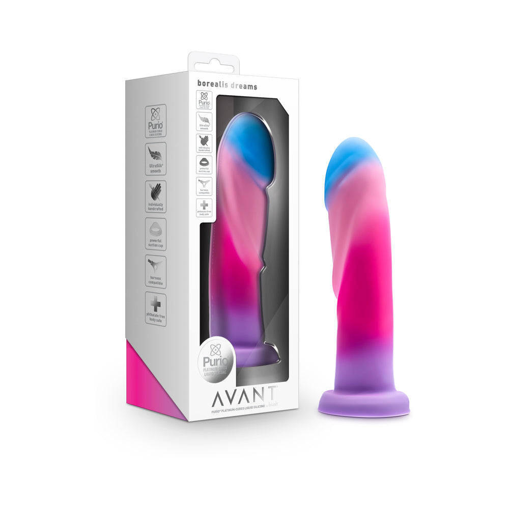 Avant Borealis Dreams 7.75 in. Dildo Cotton Candy Avant Borealis Dreams pink-blue gradient dildo beside white window box