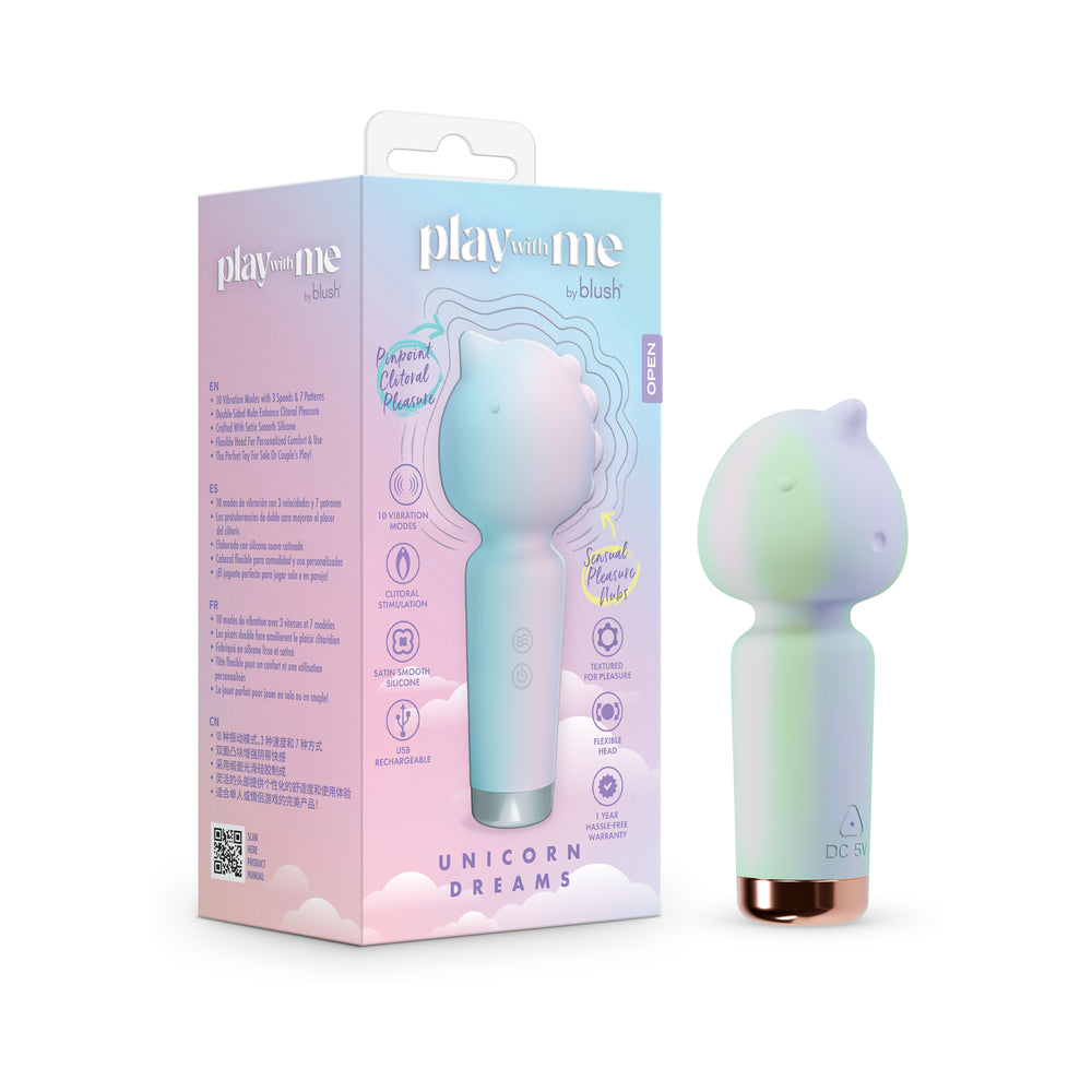 Play With Me Unicorn Dreams Pastel Play With Me Unicorn Dreams vibrator beside retail box