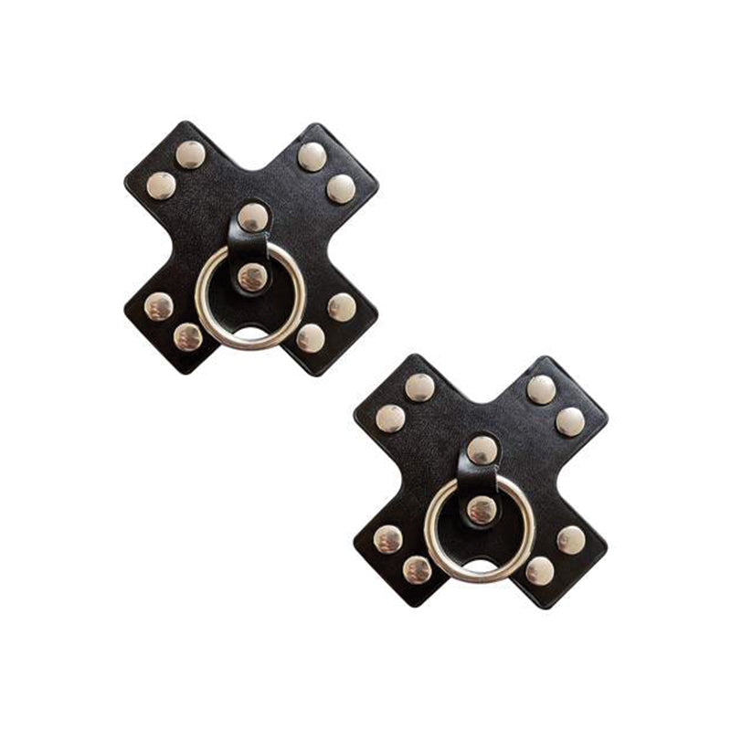 Neva Nude Reusable Pasty Nipple Ring Pair of black cross-shaped nipple pasties with silver studs and rings