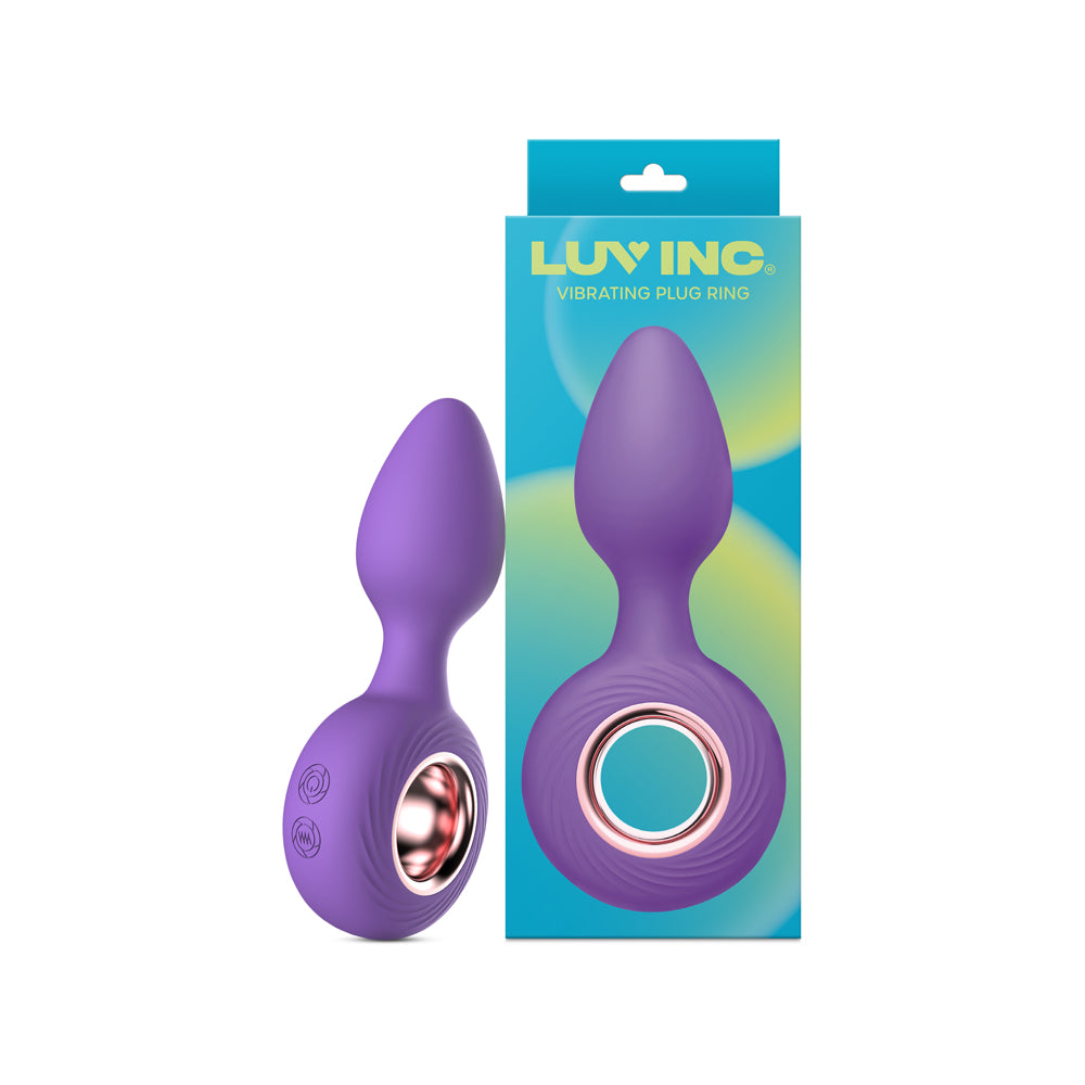 Luv Inc Vr14: Plug Ring Vibe Purple purple Luv Inc VR14 plug ring vibrator beside its aqua gradient retail box