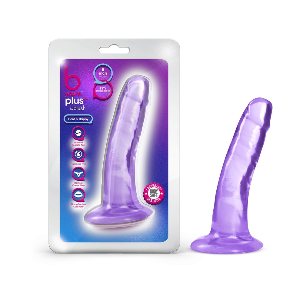 B Yours Plus Hard n'' Happy 5 in. Dildo Purple purple B Yours Plus Hard 'n' Happy beside retail package