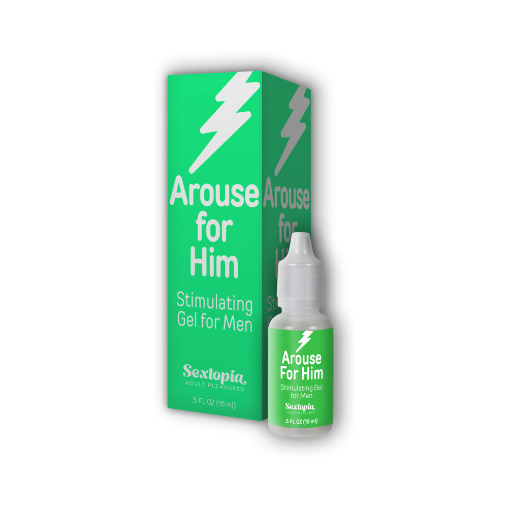 Sextopia Arouse For Him Stimulating Gel For Men .5 oz. Bottle bright green Sextopia Arouse for Him 0.5 oz dropper bottle beside matching box