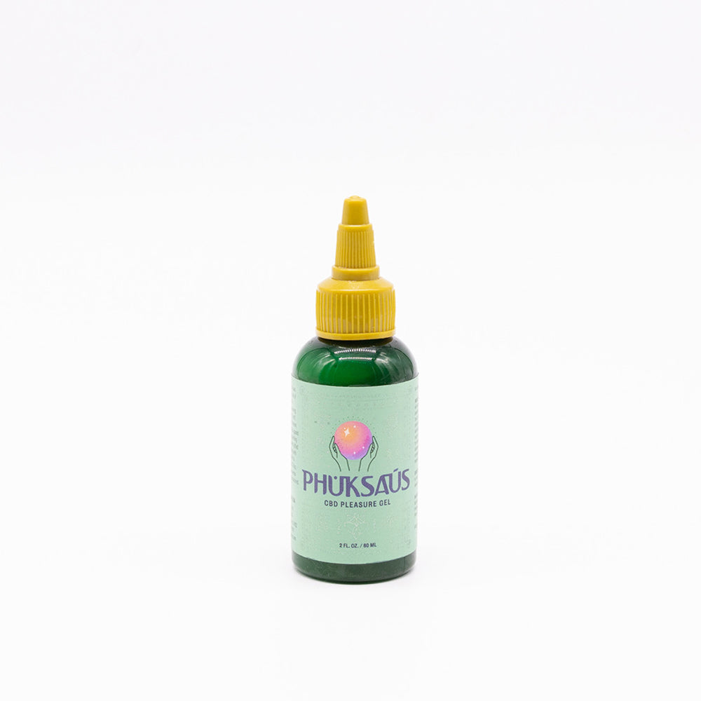 Emojibator Phuksaus CBD Pleasure Gel 2 oz. green Phuksaus CBD gel dropper bottle with yellow cap