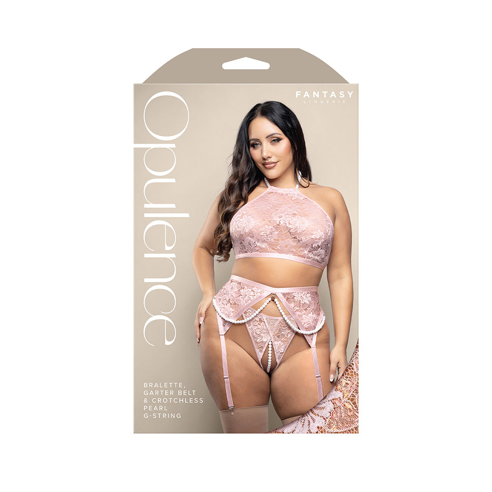 Fantasy Lingerie Opulence Pearl Halter Bralette, Garter Belt & Crotchless Pearl G-String Light Pink Queen Size Fantasy Lingerie light pink pearl garter set Queen retail box