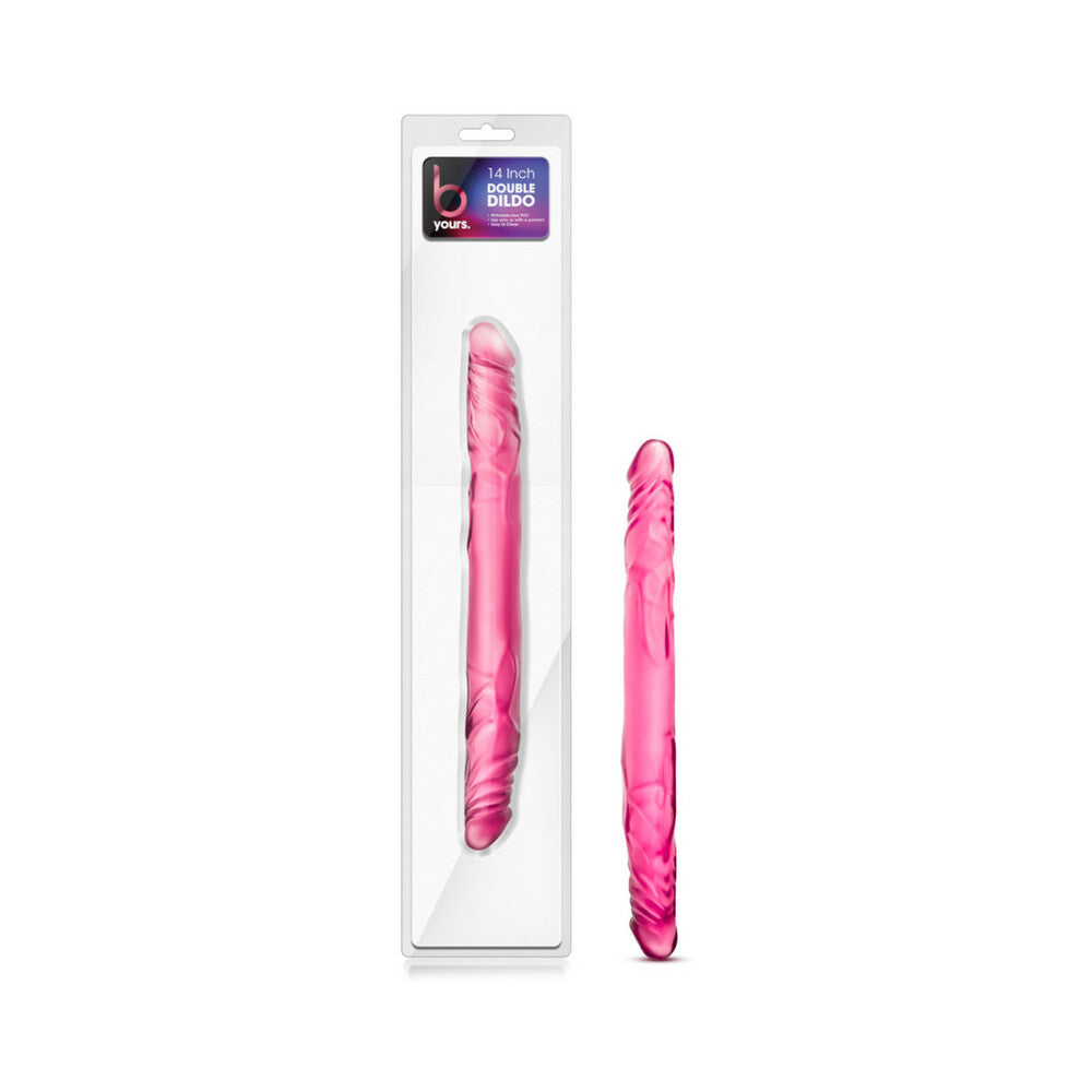 B Yours 14 in. Double Dildo Pink B Yours Pink 14 Inch Double Dildo beside clear hanging retail package