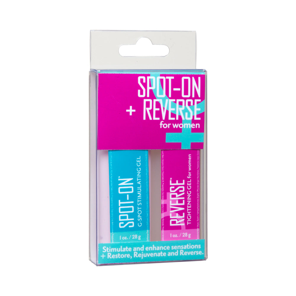 2 Pack Spot on + Reverse Doc Johnson Spot-On and Reverse Duo two-color retail carton with twin bottle window