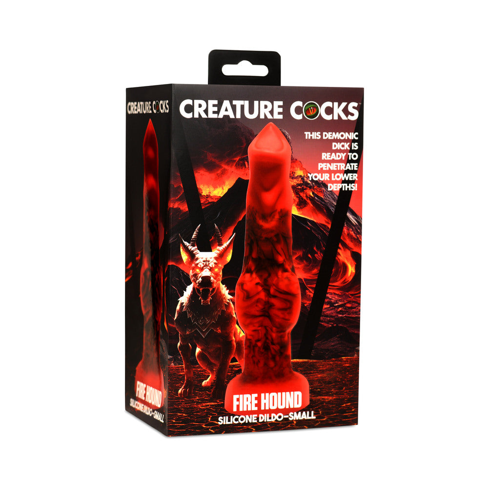 Creature Cocks Fire Hound Silicone Dildo S Creature Cocks Fire Hound small red canine dildo pictured upright in black-and-red lava retail box