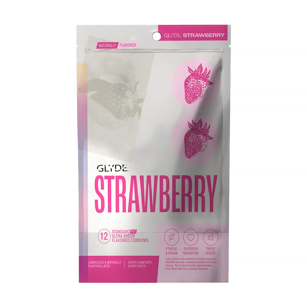 GLYDE Ultrathin Latex Condom Strawberry Flavored 12-Count GLYDE strawberry flavored ultra-thin latex condoms 12-pack front of the white and pink resealable retail pouch