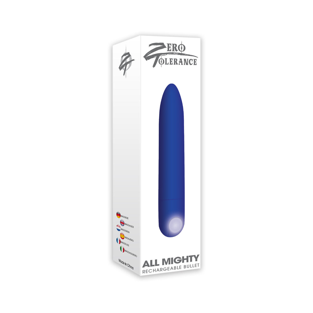 Zero Tolerance All Mighty Rechargeable Bullet Vibrator Blue Zero Tolerance All Mighty blue rechargeable bullet white retail box with blue tapered bullet visible