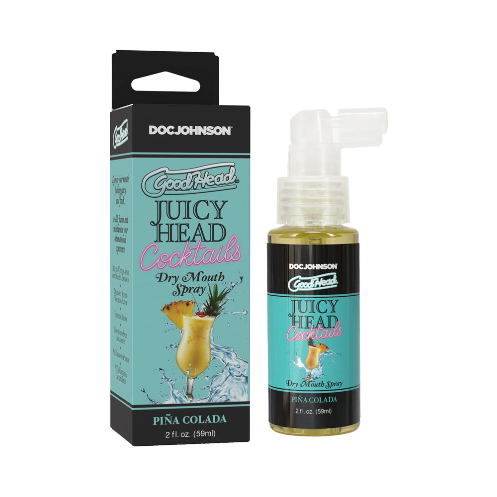 GoodHead Juicy Head Cocktails Dry Mouth Spray Piña Colada 2 oz. Juicy Head Pina Colada 2 oz pump spray beside aqua box