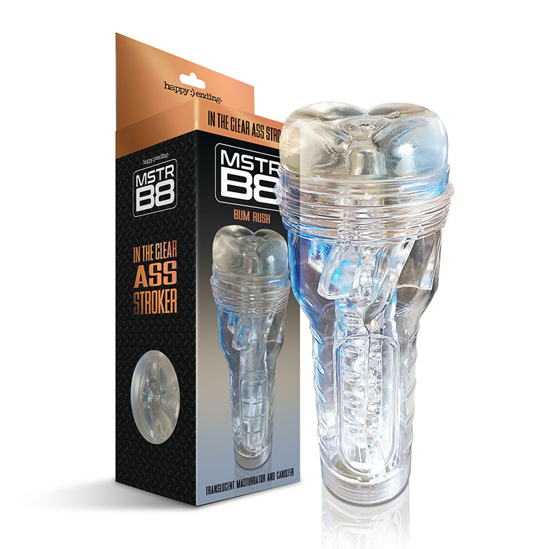 Happy Endings MSTR B8 In The Clear Anal Stroker Bum Rush Canister Clear MSTR B8 anal stroker beside black Bum Rush box