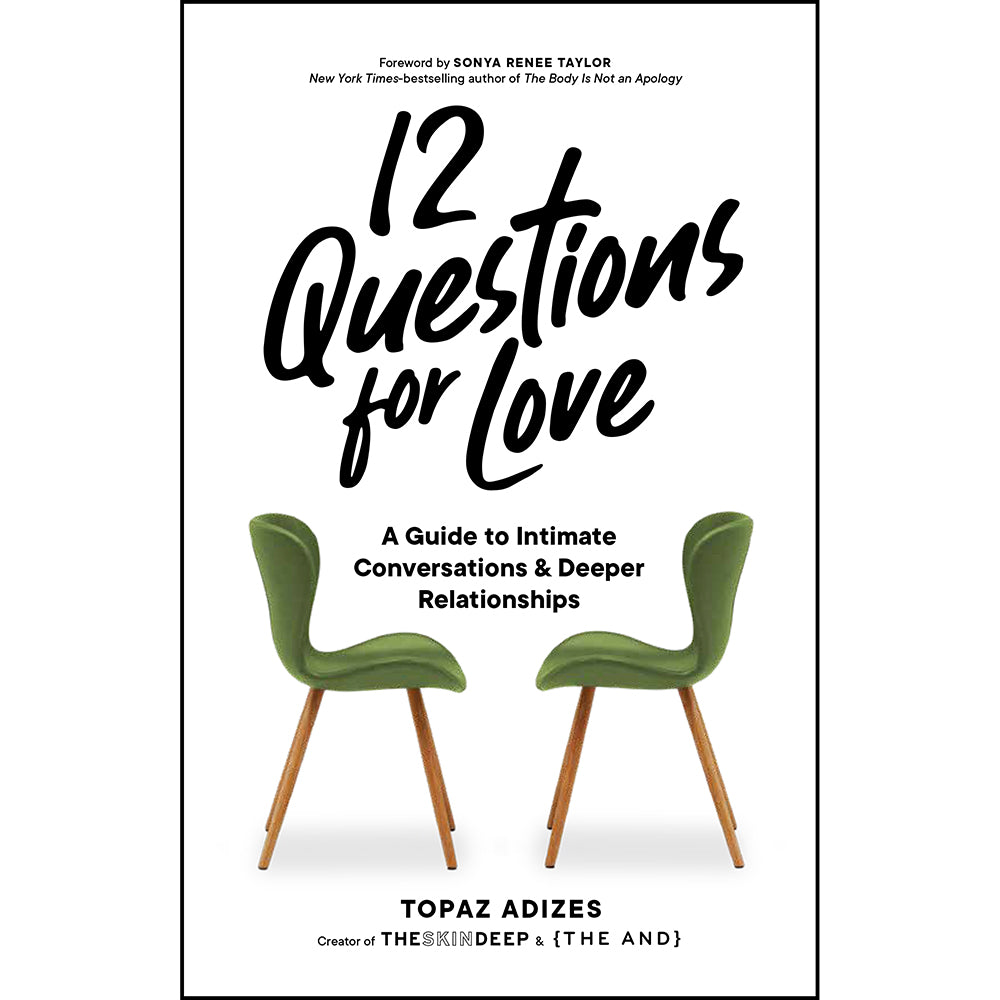 12 Questions for Love white 12 Questions for Love hardcover with two green chairs on the cover